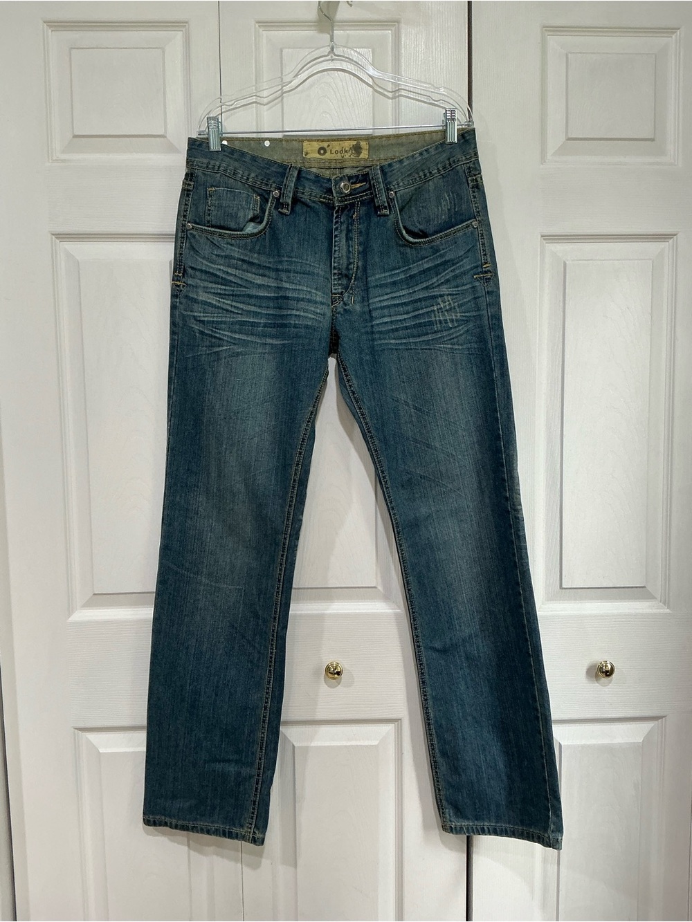 💙 LOOK Men’s Blue Distressed Denim Straight Jeans Raw Hem- 34x34 (01660)
